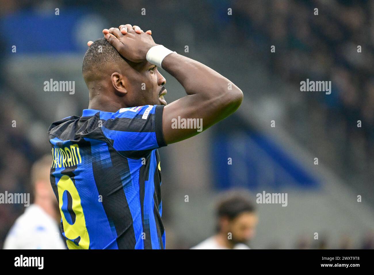 Milano, Italia. 1 aprile 2024. Marcus Thuram (9) dell'Inter visto nella partita di serie A tra Inter e Empoli a Giuseppe Meazza a Milano. (Photo Credit: Gonzales Photo/Alamy Live News Foto Stock