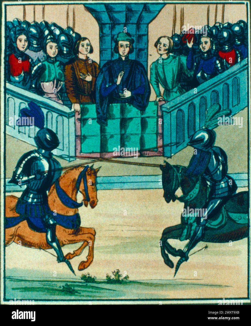 Scena medievale: Joustling, combattimento tra Nicholas Clifford e John Boucmel, illustrazione, Jean Froissart's Chronicles, XV secolo Foto Stock