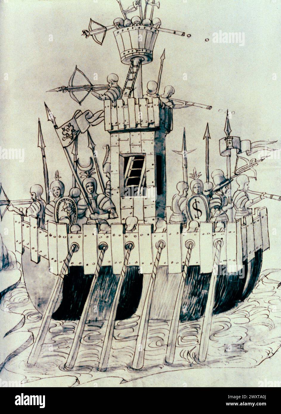 Scena medioevale: Una galea, tagliata in legno da De Re militarii, XV secolo Foto Stock