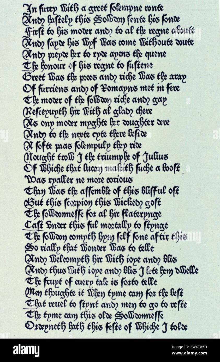 Manoscritto stampato del poeta inglese Geoffrey Chaucer Canterbury Tales, Caxton 1478 Foto Stock