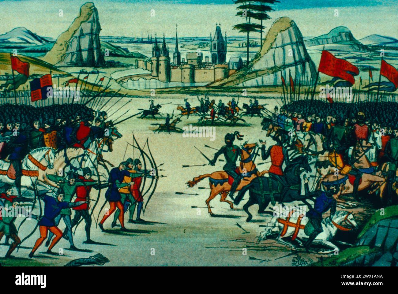 La battaglia di Poitiers nel 1356, illustrazione a colori Foto Stock
