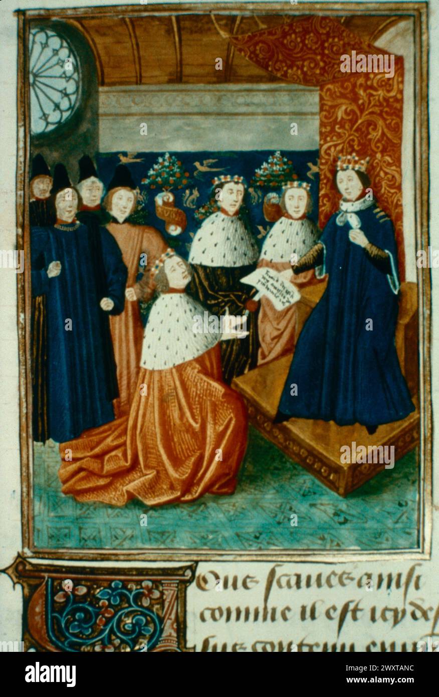 Riccardo II, re d'Inghilterra, dà Aquitane a Giovanni di Gaunt, illustrazione nella Chroniques di Froissart, anni 1400 Foto Stock