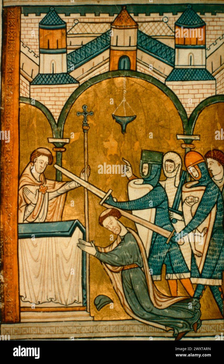 Omicidio di Thomas a Becket, dipinto da un salterio inglese, 1200 d.C. Foto Stock