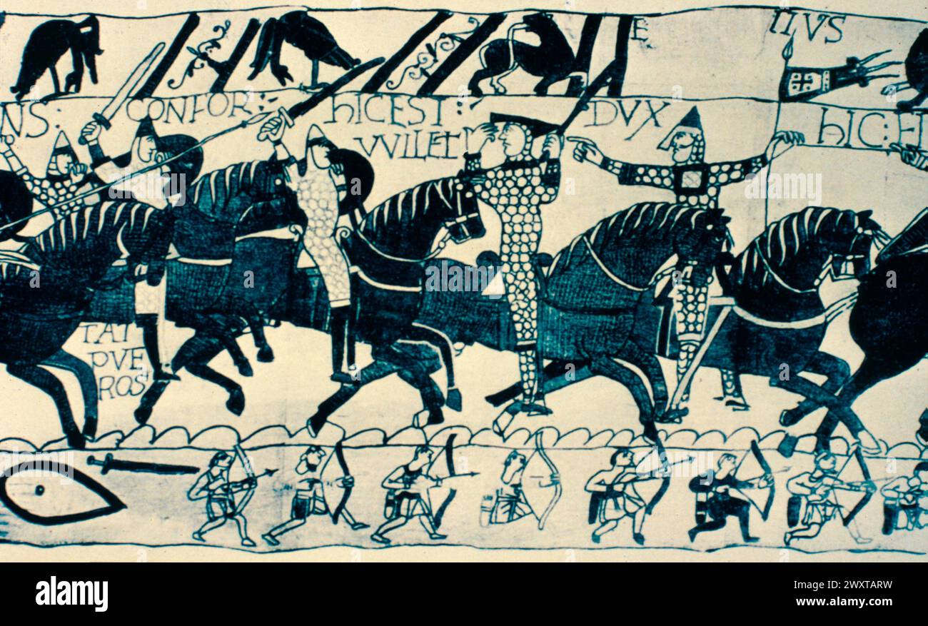 L'arazzo di Bayeux mostra la battaglia di Hastings, Inghilterra 1100 d.C. Foto Stock