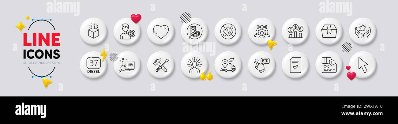 Nessuna icona puzzle, ricerca e linea diesel. Per applicazioni Web, stampa. Icone 3d con pulsanti bianchi. Vettore Illustrazione Vettoriale