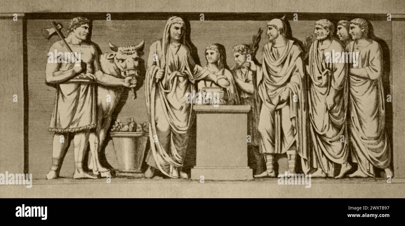 Bull sacrificato, antica incisione romana da un fregio, Italia anni '1980 Foto Stock