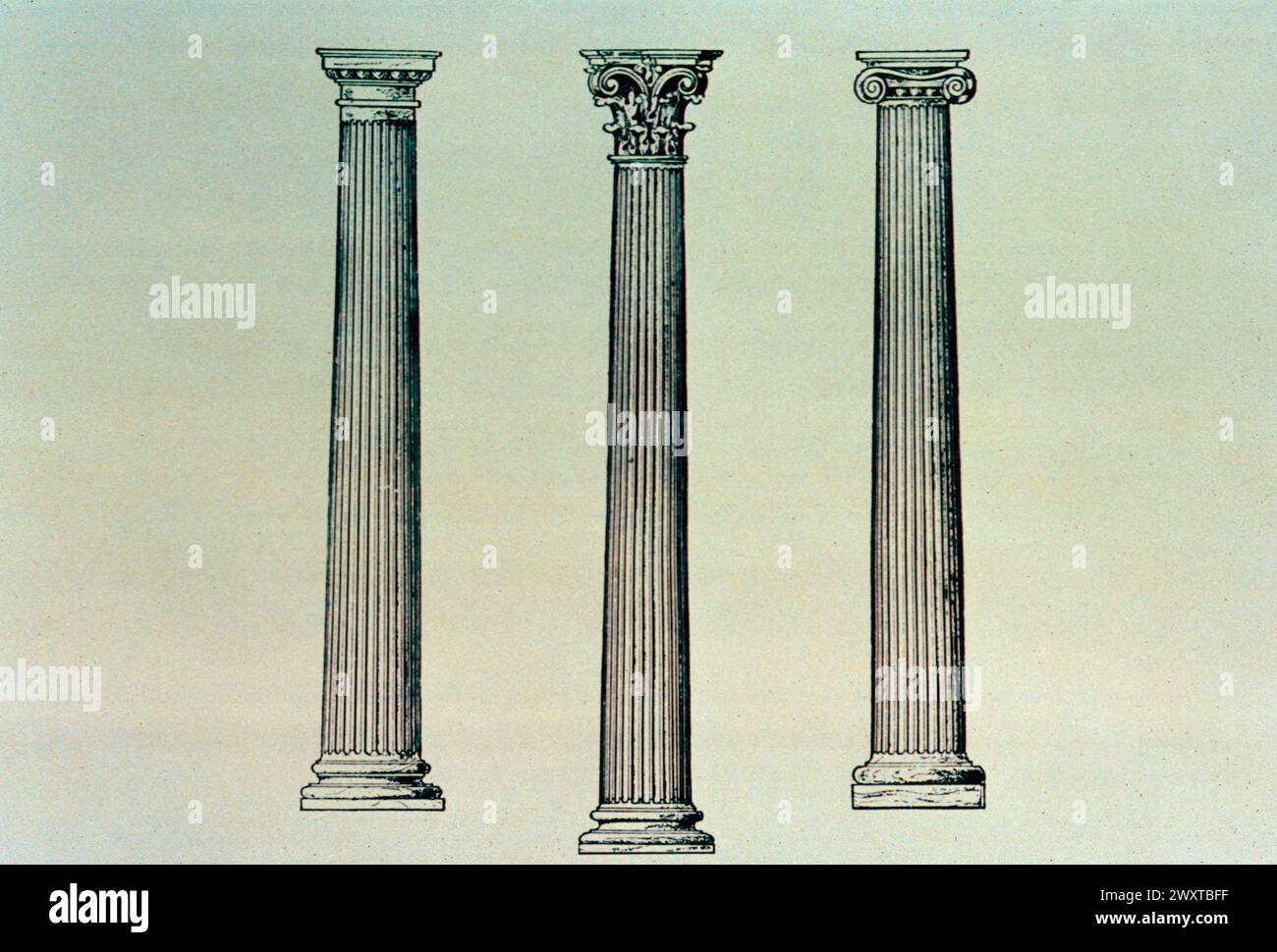 Colonne doriche, corinzie e ioniche capitelli stili greci, illustrazione Foto Stock