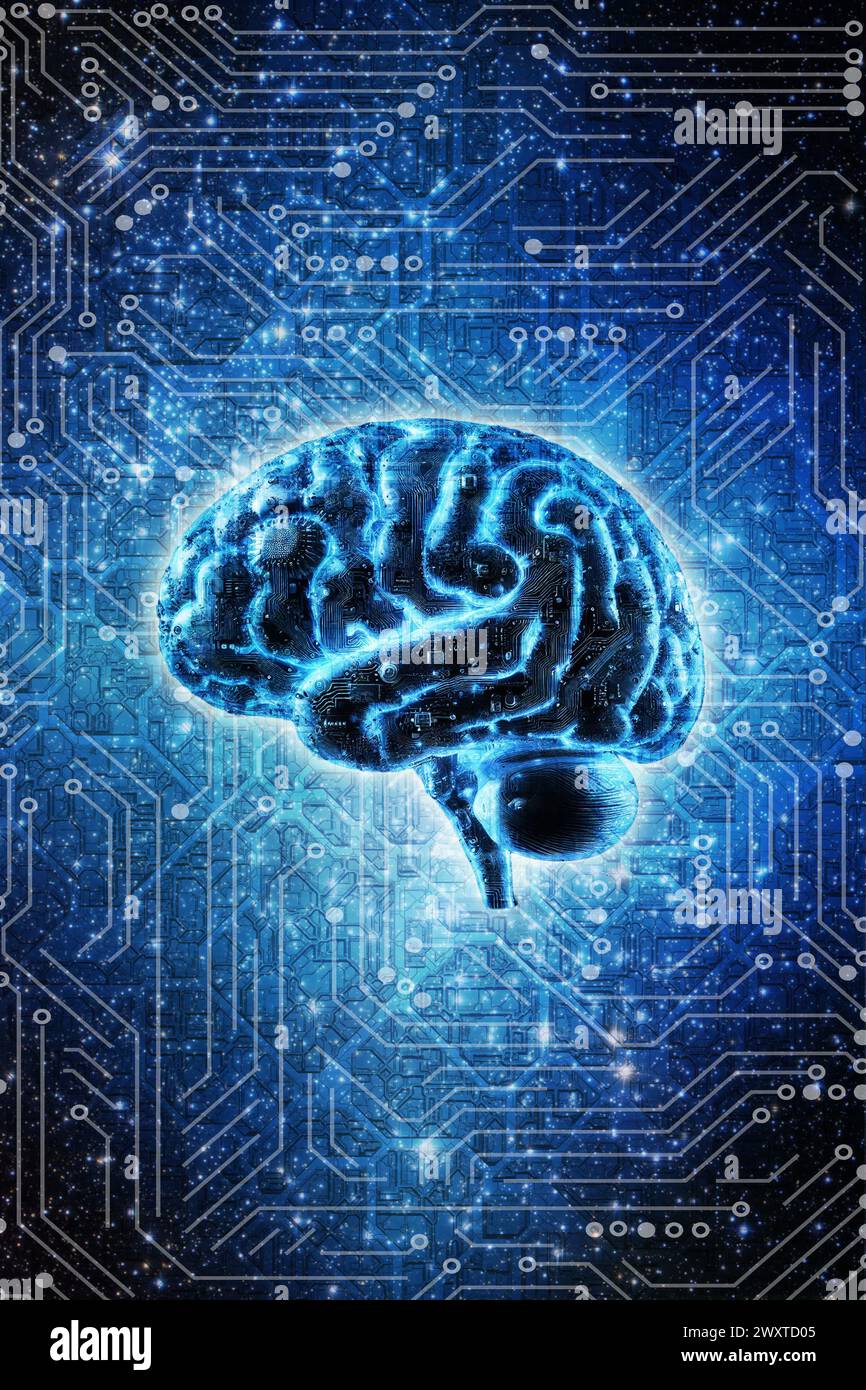 cervello umano e background tecnologico Foto Stock