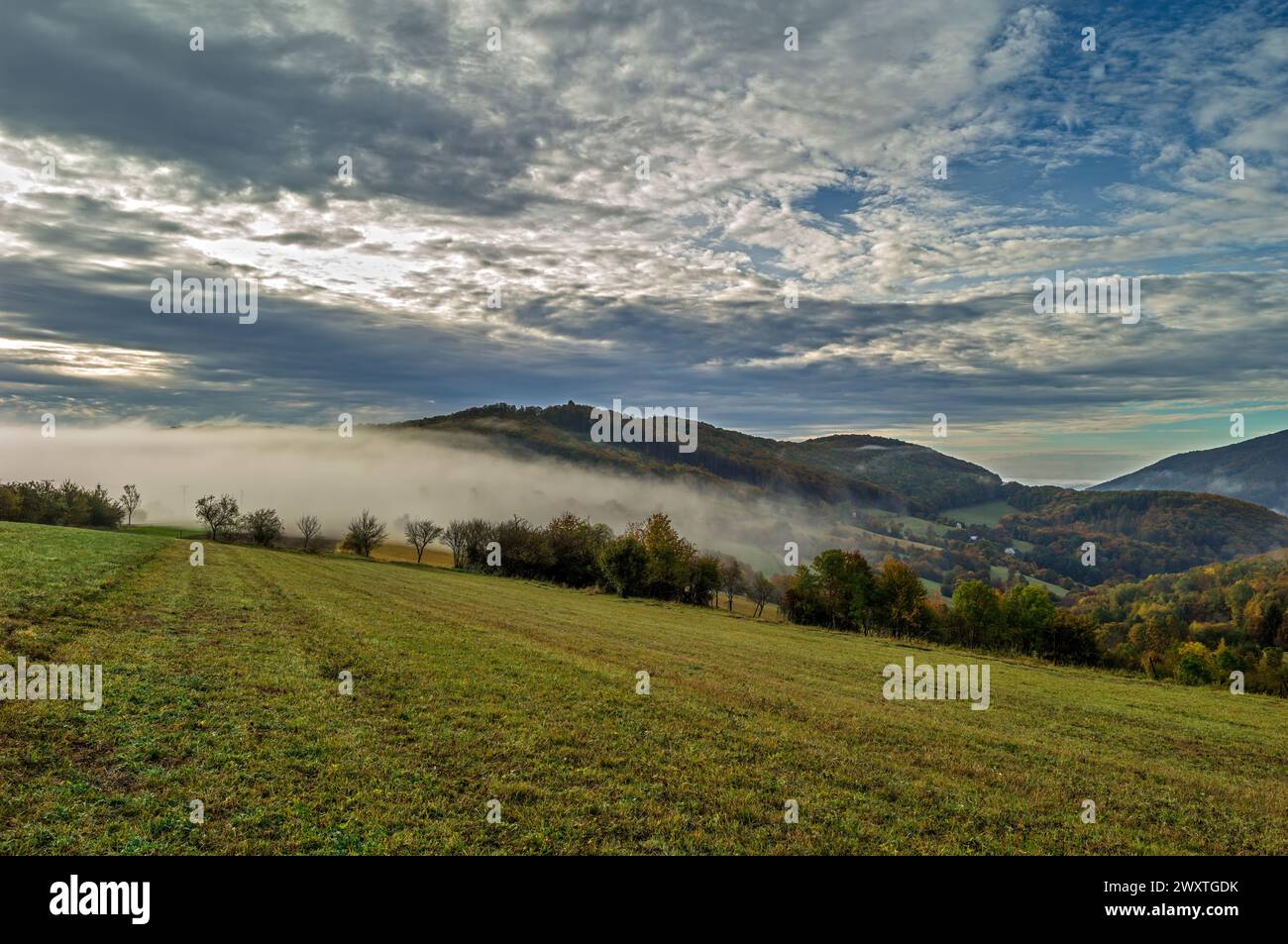 Paesaggio nebbioso di montagna con prati e colline. Splendido gruppo di nuvole bianche nel cielo blu. Autunno mattina. Appannamento rotolante. Horna Suca, Dubrava Slovacchia Foto Stock