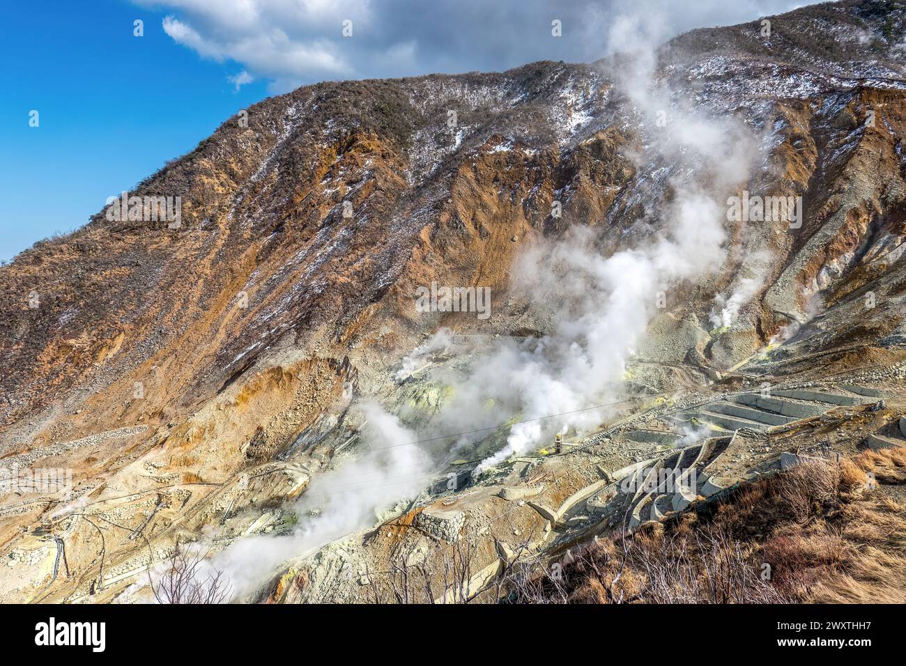 Sfiati attivi di zolfo nella valle vulcanica di Ōwakudani a Hakone, prefettura di Kanagawa, Giappone. Produzione di zolfo a vapore e miniere industriali di zolfo. Foto Stock