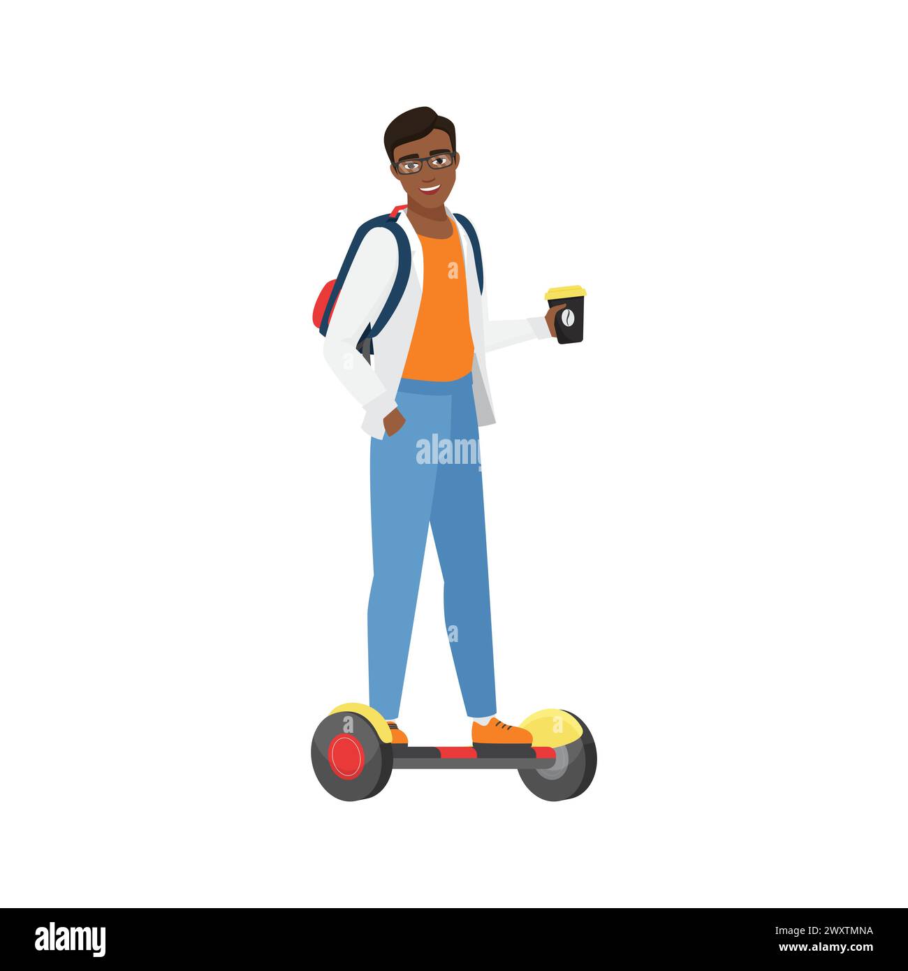 Personaggio studente su hoverboard. Studente con illustrazione vettoriale piatto del caffè da asporto Illustrazione Vettoriale