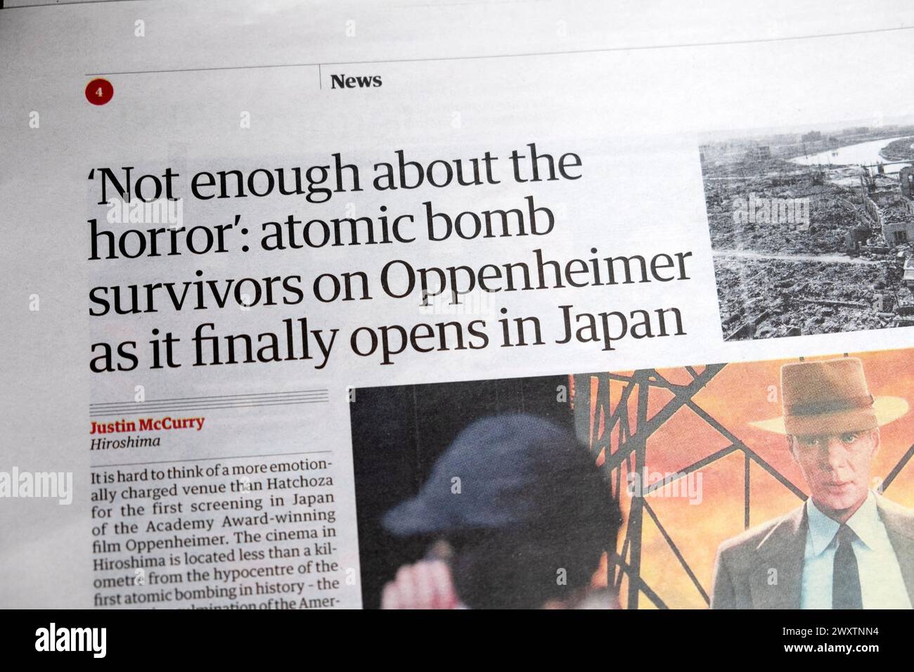 "Non basta per i sopravvissuti alla bomba atomica dell'orrore su Oppenheimer mentre finalmente si apre in Giappone", titolo del quotidiano Oscar Oscar UK Foto Stock