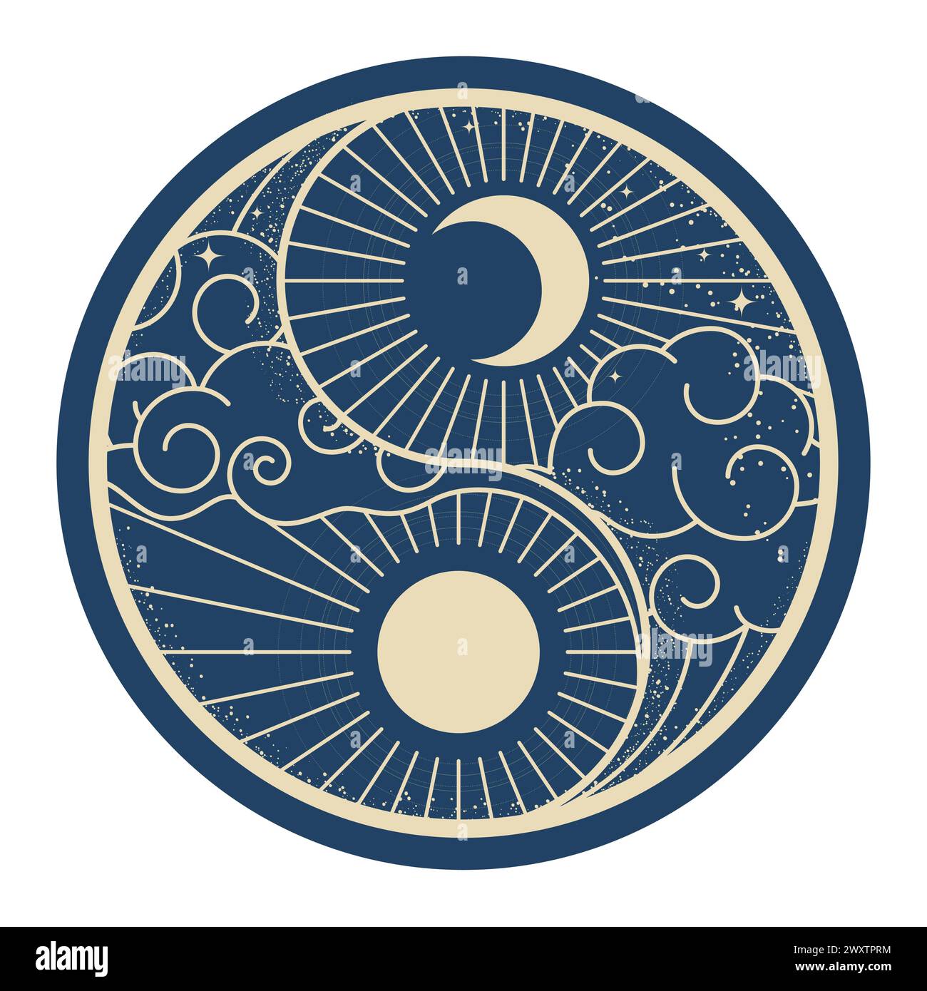 Giorno e notte, sole e luna nelle nuvole, simbolo yin e yang, elementi orientali, vettore Illustrazione Vettoriale