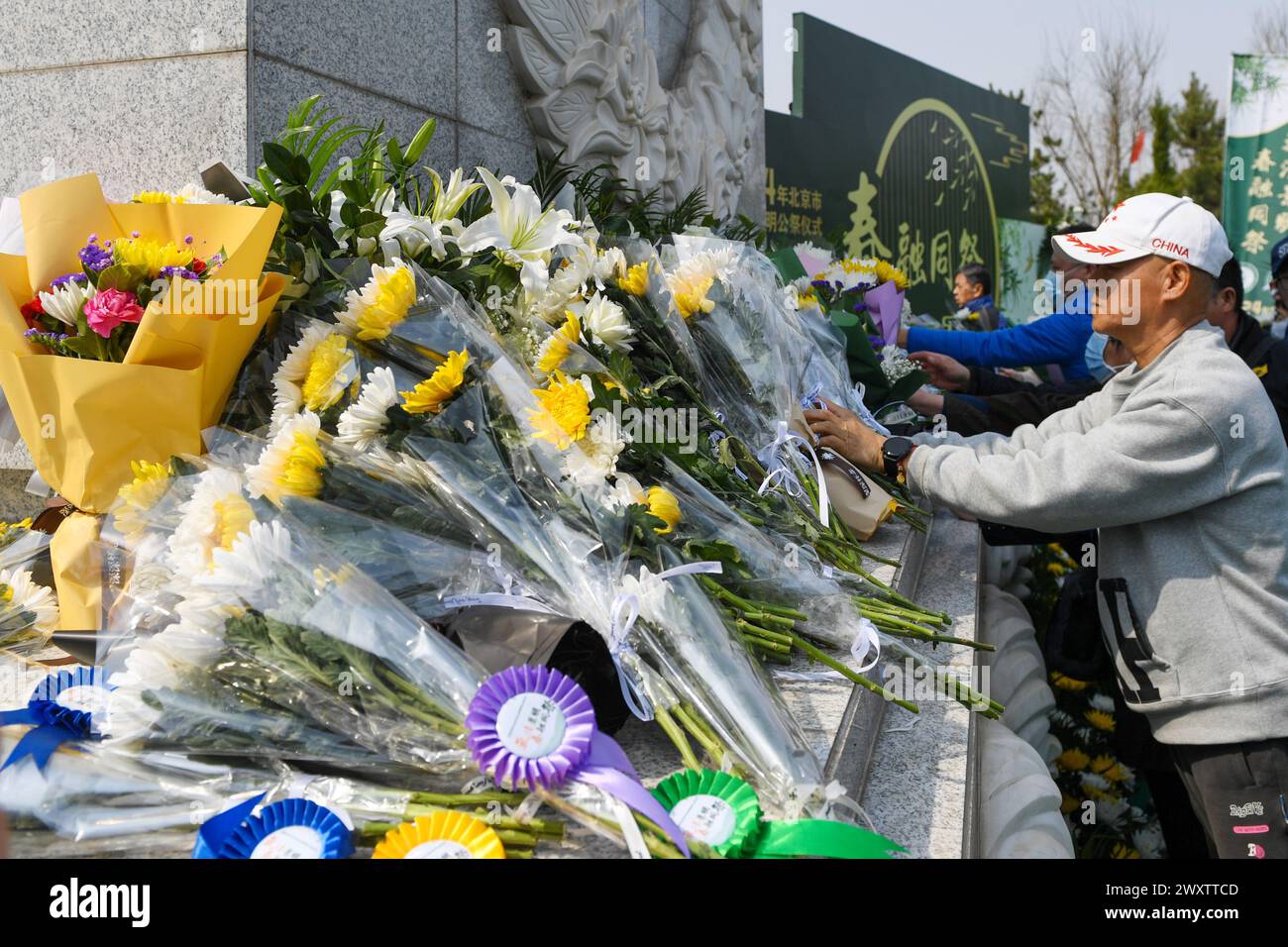 Pechino, Cina. 2 aprile 2024. La gente giaceva fiori per piangere il defunto in un cimitero a Pechino, capitale della Cina, 2 aprile 2024. Il Qingming Festival, o Tomb-Sweeping Day, cade giovedì di quest'anno. Si tratta di una tradizionale festa cinese che rende omaggio ai defunti ed è il momento per le persone di adorare i loro antenati. Crediti: Ju Huanzong/Xinhua/Alamy Live News Foto Stock