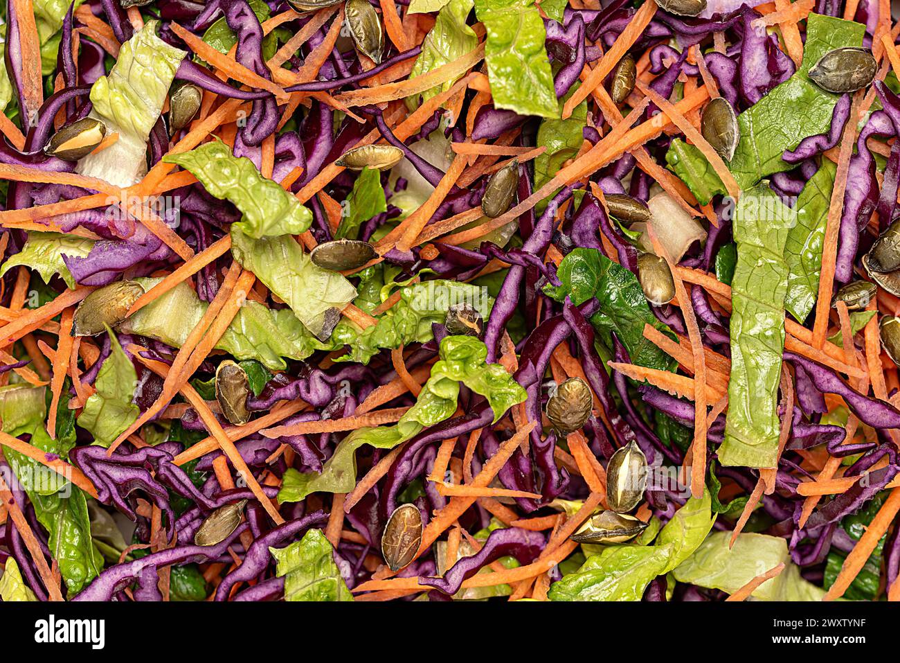 Fotografia macro in bianco di verdure; insalata; affettata; lattuga romaina; carote; cavolo rosso; cipolla; semi di zucca; ingrediente; fette; verde; organico; di Foto Stock