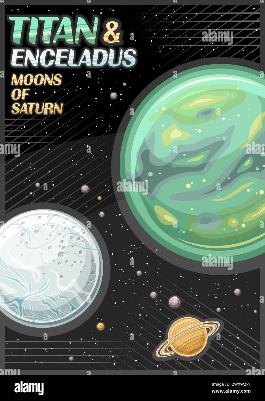 Poster vettoriale per Saturno lune, banner verticale con titano rotante ed encelado, intorno al pianeta saturno su sfondo stellato scuro, fantasia cosmo leafl Illustrazione Vettoriale