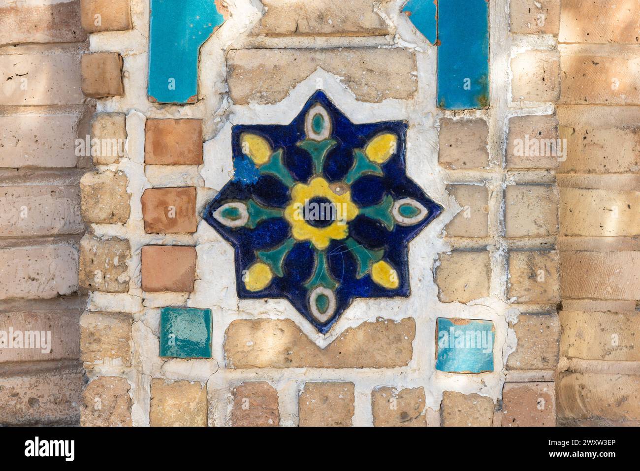 Antiche pareti in mattoni con decorazioni in stile arabo, vista frontale Foto Stock