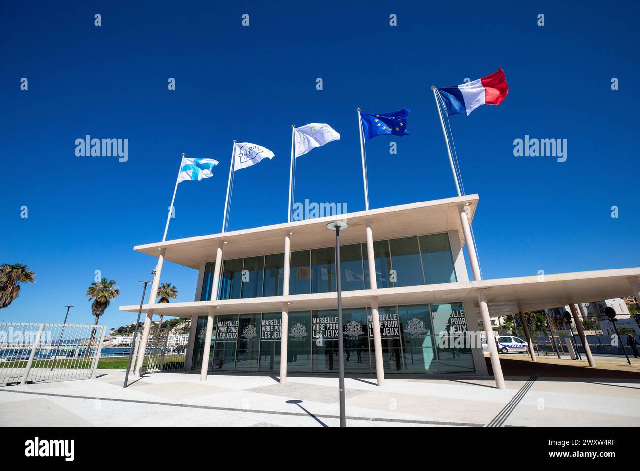 Marsiglia, Francia. 2 aprile 2024. © PHOTOPQR/LA PROVENCE/SPEICH Frederic ; Marsiglia ; 02/04/2024 ; inaugurazione officielle de la Marina olympique du Roucas Blanc pour les Jeux Olympiques de Paris 2024 Marsiglia, Francia, 2 aprile 2024 2024 Giochi Olimpici. Inaugurazione della marina olimpica alla presenza del ministro dello sport e sindaco di Marsiglia credito: MAXPPP/Alamy Live News Foto Stock