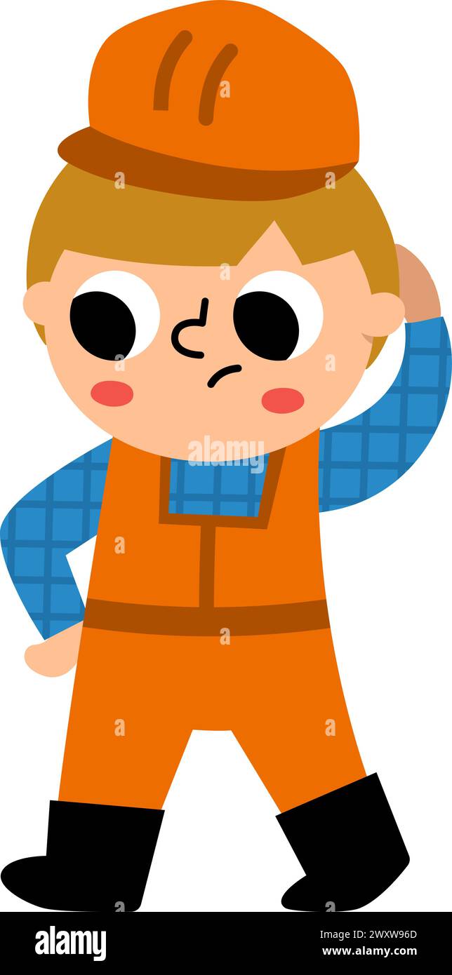 I cartoni animati vettoriali confondevano il costruttore che gli grattava la testa. Graziosa illustrazione dei riparatori per bambini isolata su sfondo bianco. Divertente operaio in posa del casco Illustrazione Vettoriale