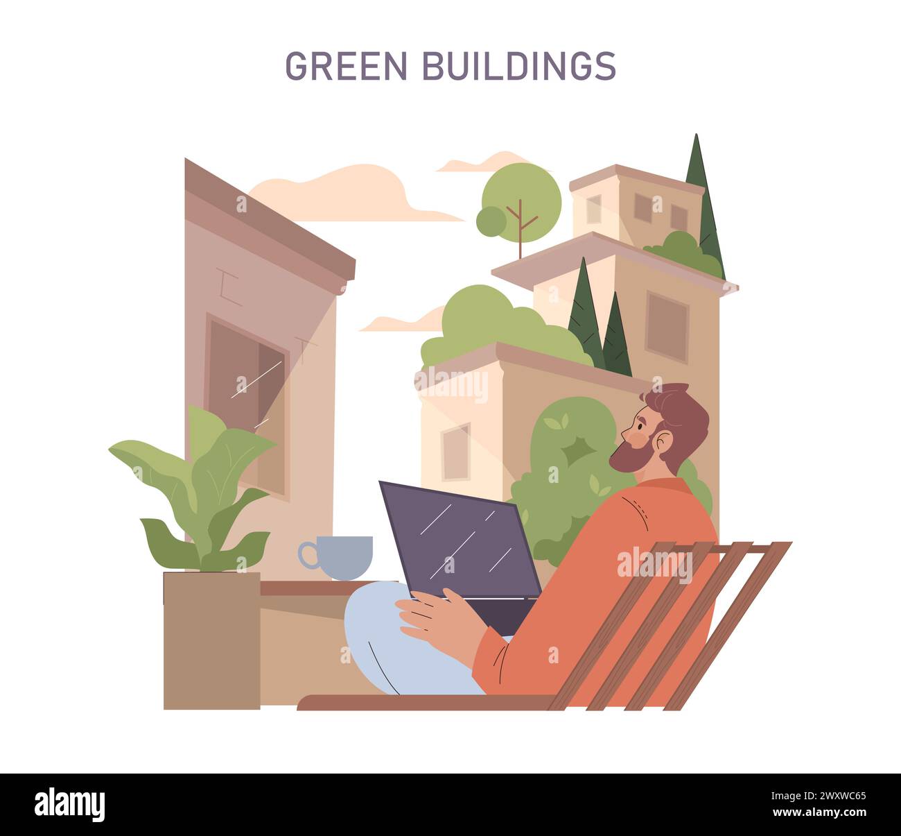Edifici verdi allestiti. Gli abitanti urbani godono di una vita sostenibile con giardini sul tetto. Integrazione della natura e dell'architettura nella vita cittadina. Habitat ecologico che favorisce il benessere e la produttività. Illustrazione Vettoriale