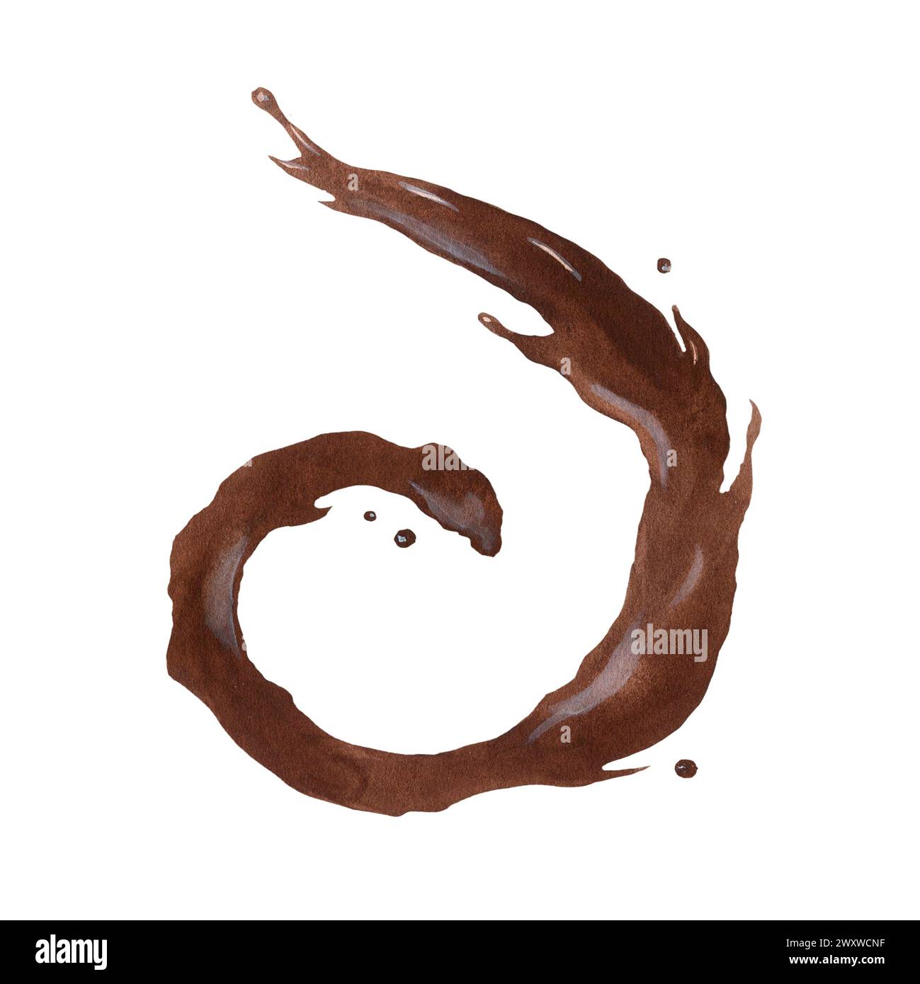 Liquido di cioccolato a spruzzo e vorticoso per design disegnato ad acquerello isolato su sfondo bianco per biglietti, poster, inviti, etichette e menu. Foto Stock