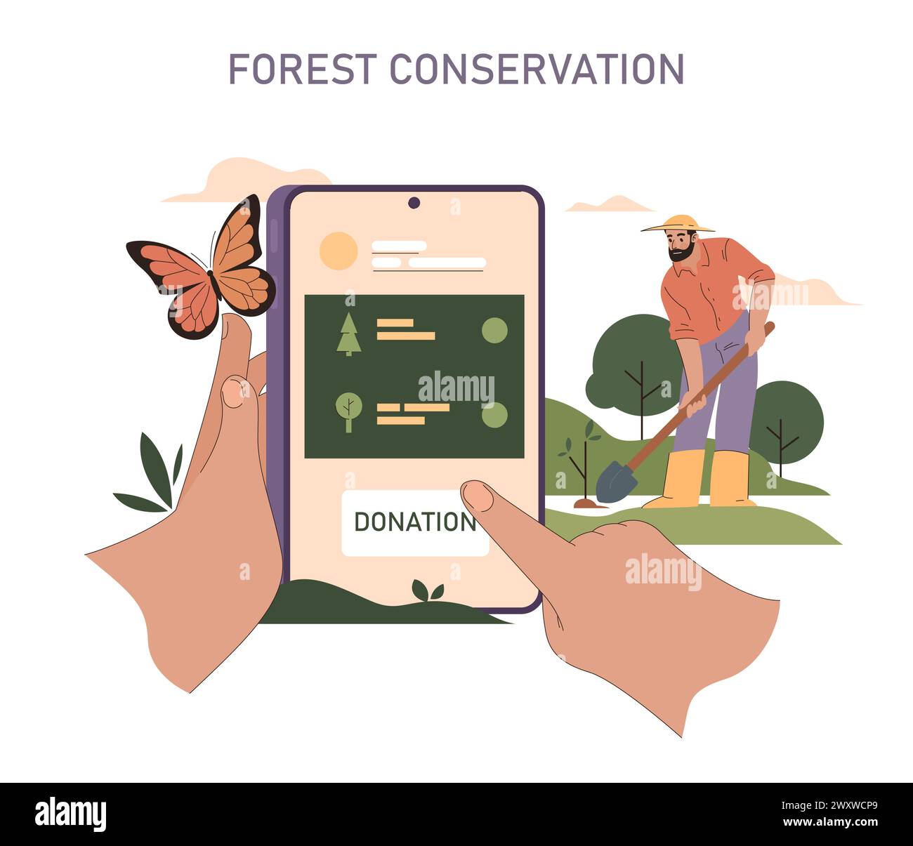 Insieme di sostenibilità. Piattaforma di donazione digitale a sostegno della crescita forestale. Sforzi di rimboschimento guidati dall'interazione con la comunità. Farfalla significa il delicato equilibrio della natura. Illustrazione vettoriale. Illustrazione Vettoriale