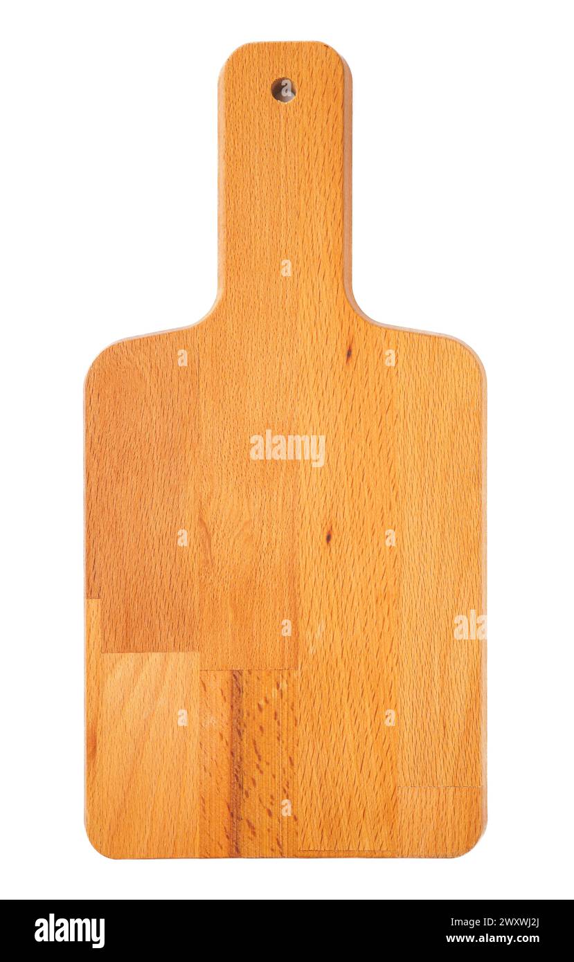 Tagliere di legno isolato su sfondo bianco Foto Stock