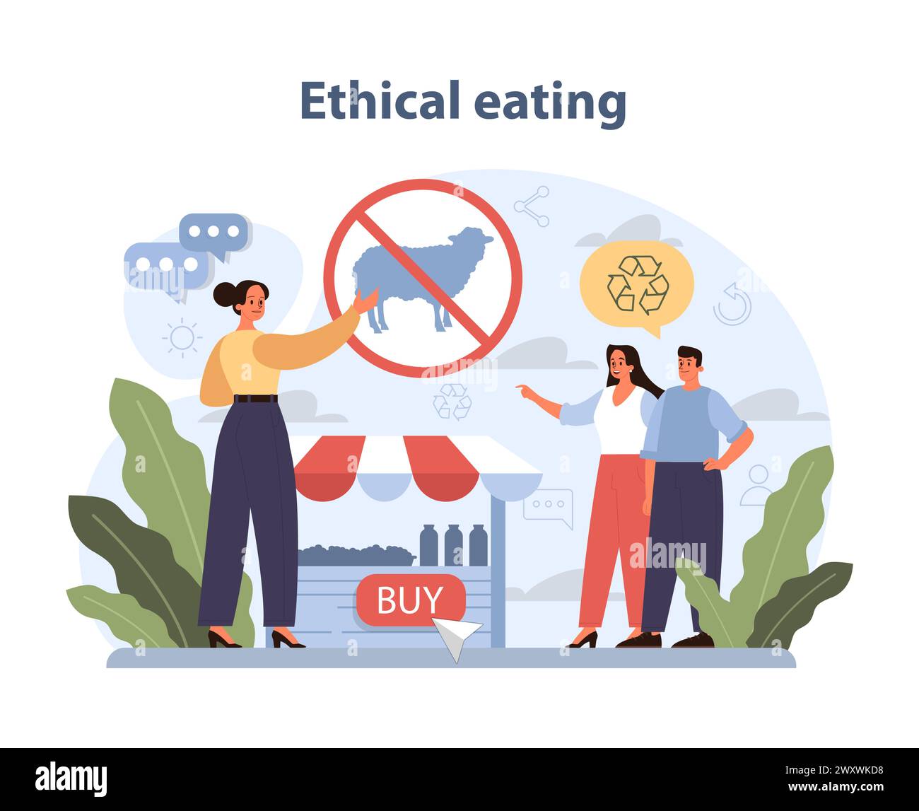Concetto etico di alimentazione. Gli individui sostengono scelte alimentari responsabili, sottolineando diete senza carne e sostenibilità ambientale. Illustrazione Vettoriale