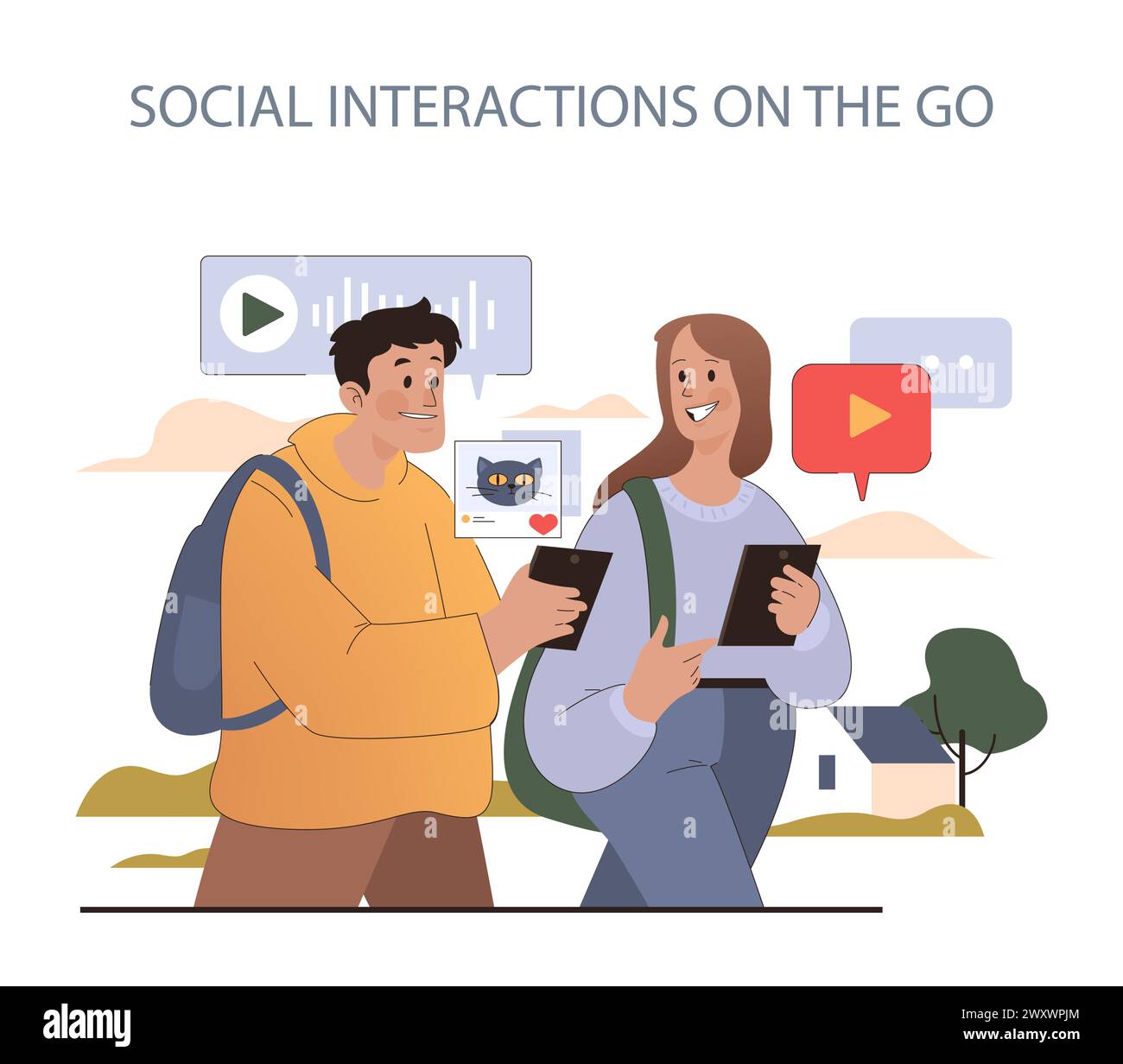 Concetto di interazioni sociali in movimento. I giovani condividono contenuti e si connettono digitalmente mentre si divertono nella vita all'aria aperta della città. Coinvolgimento dei social media senza interruzioni. Illustrazione Vettoriale