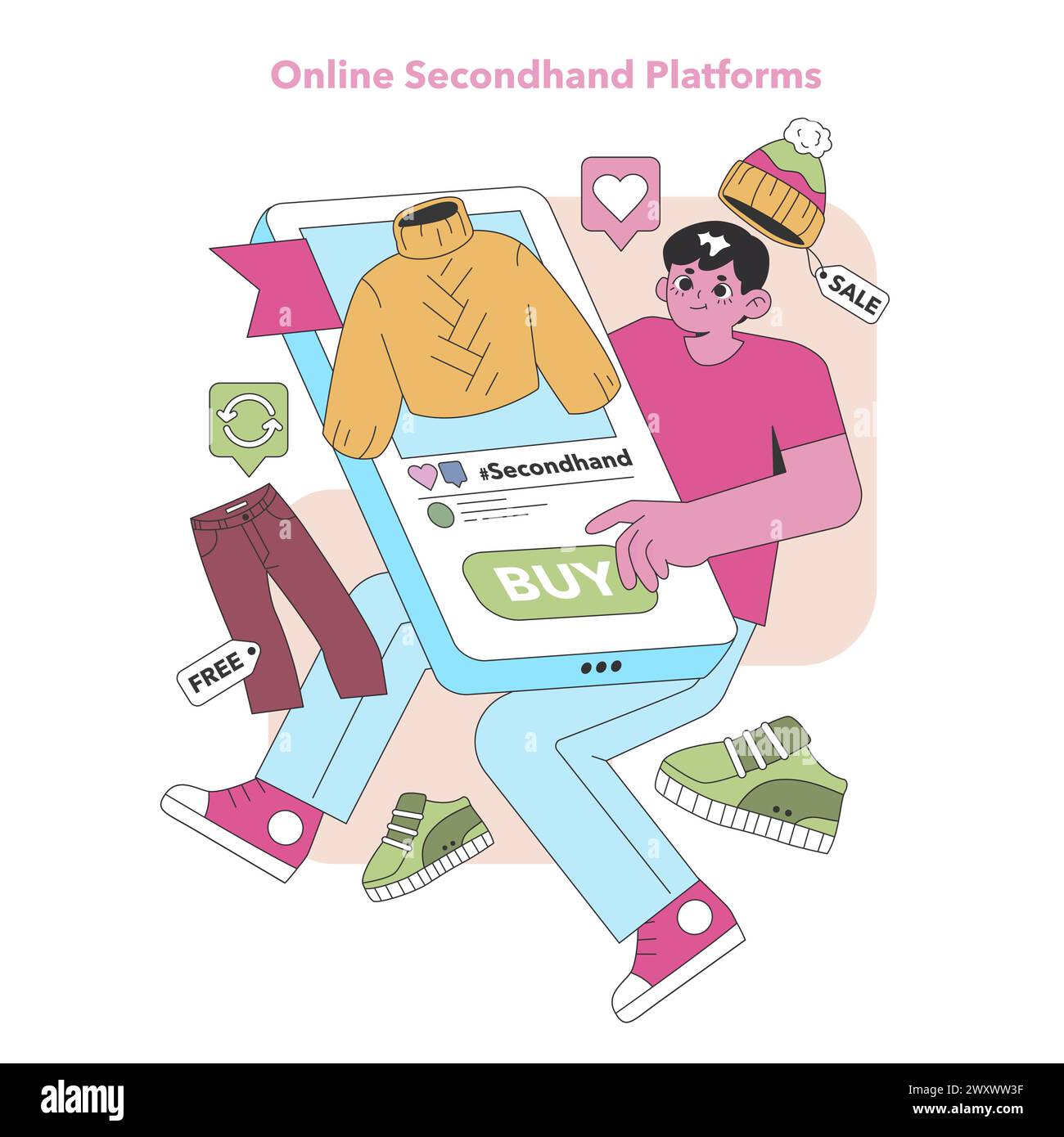 Shopping digitale. Un acquirente entusiasta fa clic su "acquista" su un articolo di moda di seconda mano, godendo della comodità delle piattaforme online per acquisti sostenibili. Illustrazione vettoriale. Illustrazione Vettoriale