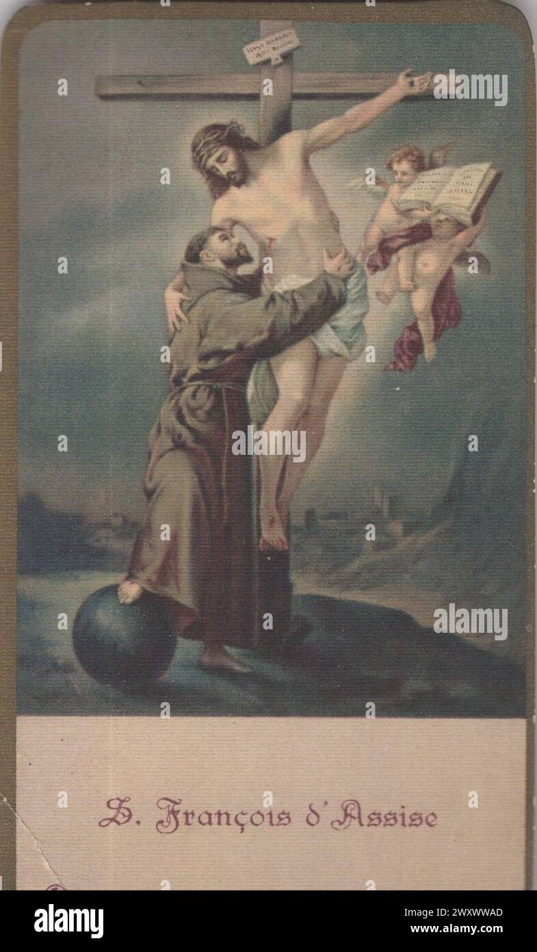 Sacra carta d'epoca di San Francesco che abbraccia Cristo in Croce / San Francesco d'Assisi / S Franciscus Asisii / San Francesco d'Assisi / San Franciscus Seraphus Additional-Rights-Clearences-non disponibile Foto Stock