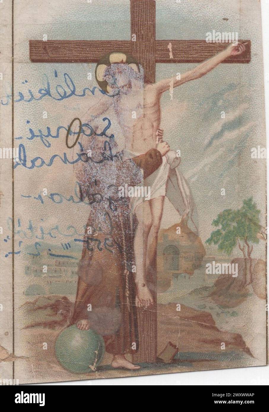 Sacra carta d'epoca di San Francesco che abbraccia Cristo in Croce / San Francesco d'Assisi / S Franciscus Asisii / San Francesco d'Assisi / San Franciscus Seraphus Additional-Rights-Clearences-non disponibile Foto Stock