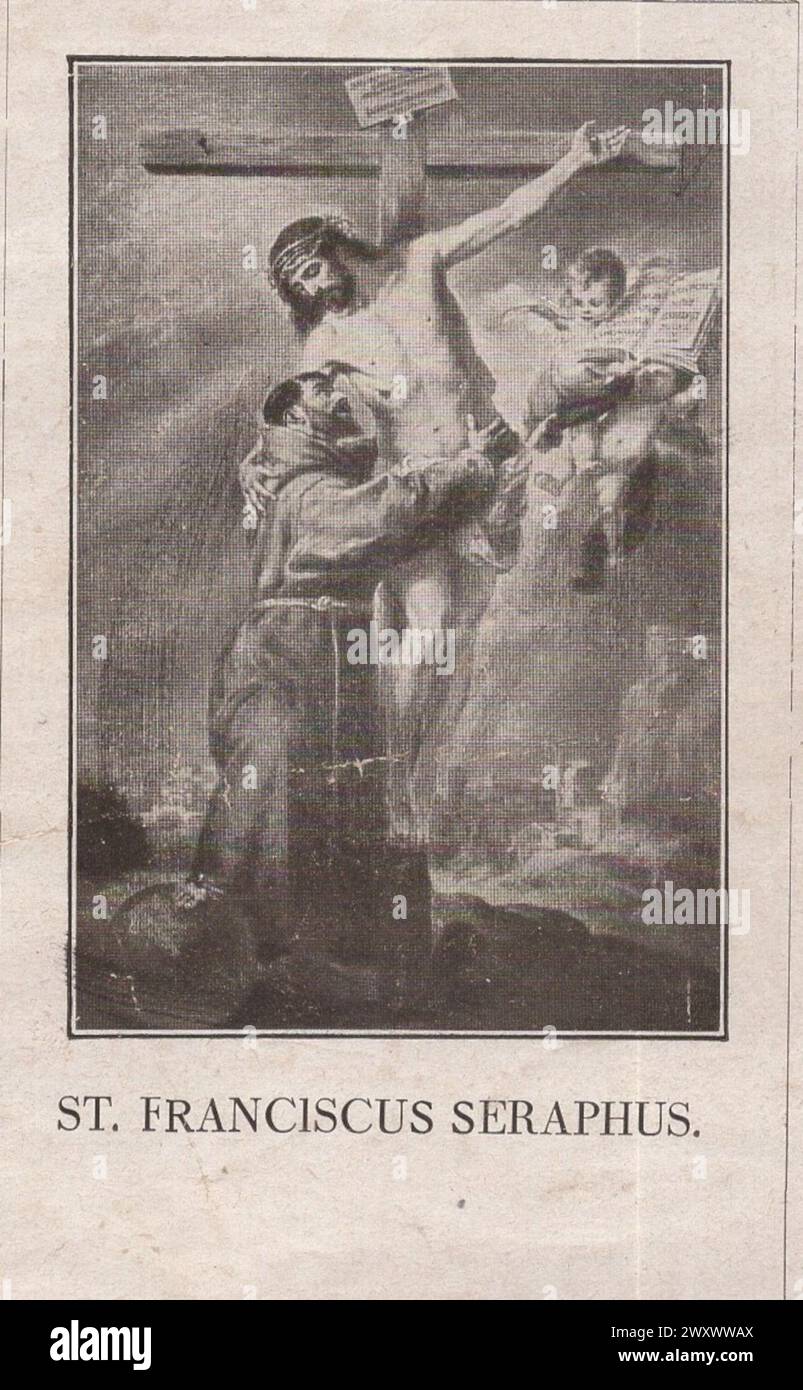 Sacra carta d'epoca di San Francesco che abbraccia Cristo in Croce / San Francesco d'Assisi / S Franciscus Asisii / San Francesco d'Assisi / San Franciscus Seraphus Additional-Rights-Clearences-non disponibile Foto Stock