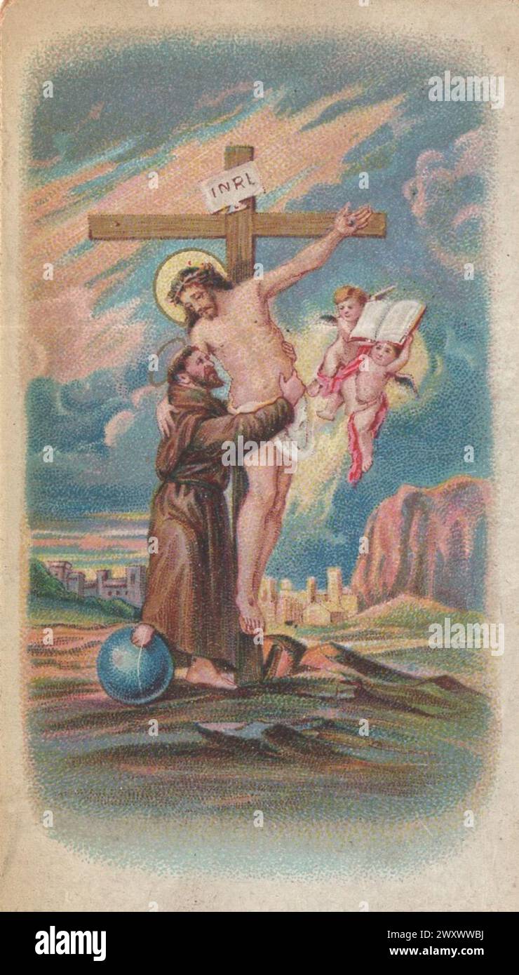 Sacra carta d'epoca di San Francesco che abbraccia Cristo in Croce / San Francesco d'Assisi / S Franciscus Asisii / San Francesco d'Assisi / San Franciscus Seraphus Additional-Rights-Clearences-non disponibile Foto Stock