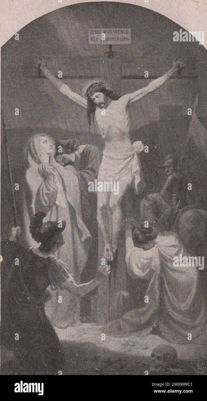 Cartolina sacra d'epoca Crocifissione di Gesù Vergine Maria / Gesù Cristo in Croce con Maria Maddalena inginocchiata e piangente anni '1900. Ulteriori diritti-pulizia-non disponibile. Foto Stock