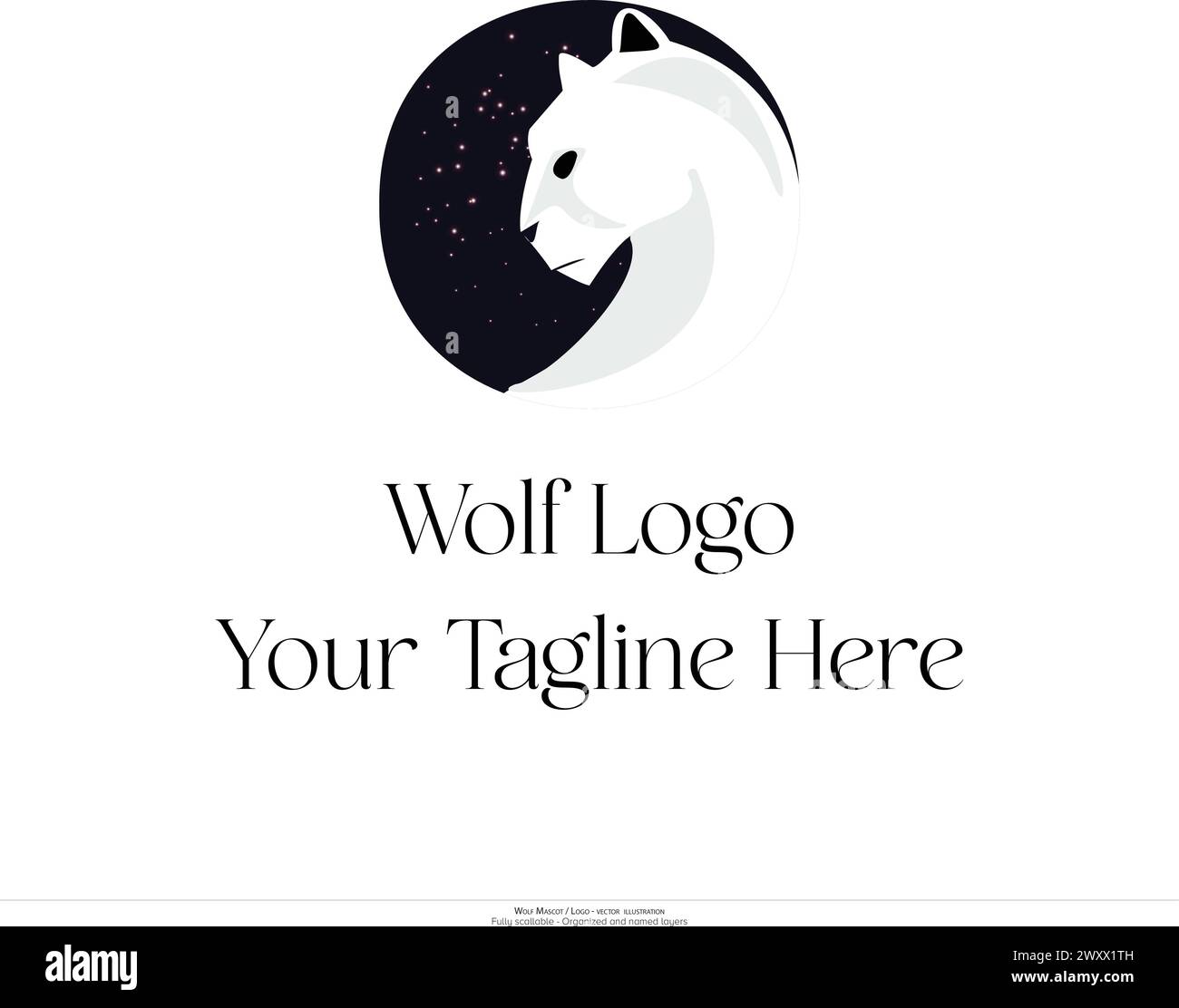 Logo Wolf, logo Animal. illustrazione vettoriale. disegno di lupo minimalista. Lupo con stelle sullo sfondo. Sfondo stellato. Illustrazione Vettoriale