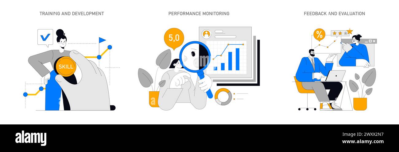 Crescita dei dipendenti impostata. Miglioramento delle competenze, revisione continua delle prestazioni e ciclo di feedback costruttivo. Passi per progredire nella carriera nel mondo aziendale. Illustrazione vettoriale Illustrazione Vettoriale