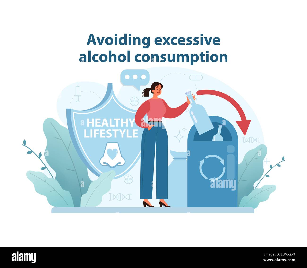 Illustrazione della moderazione dell'alcol. Una donna scarta una bottiglia in un bidone di riciclaggio, sostenendo un consumo moderato di alcol come parte di uno stile di vita sano. Illustrazione Vettoriale