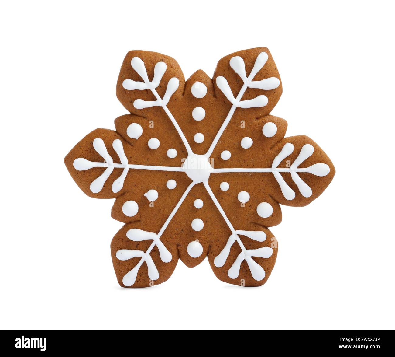Biscotto di Natale a forma di fiocco di neve isolato su bianco Foto Stock