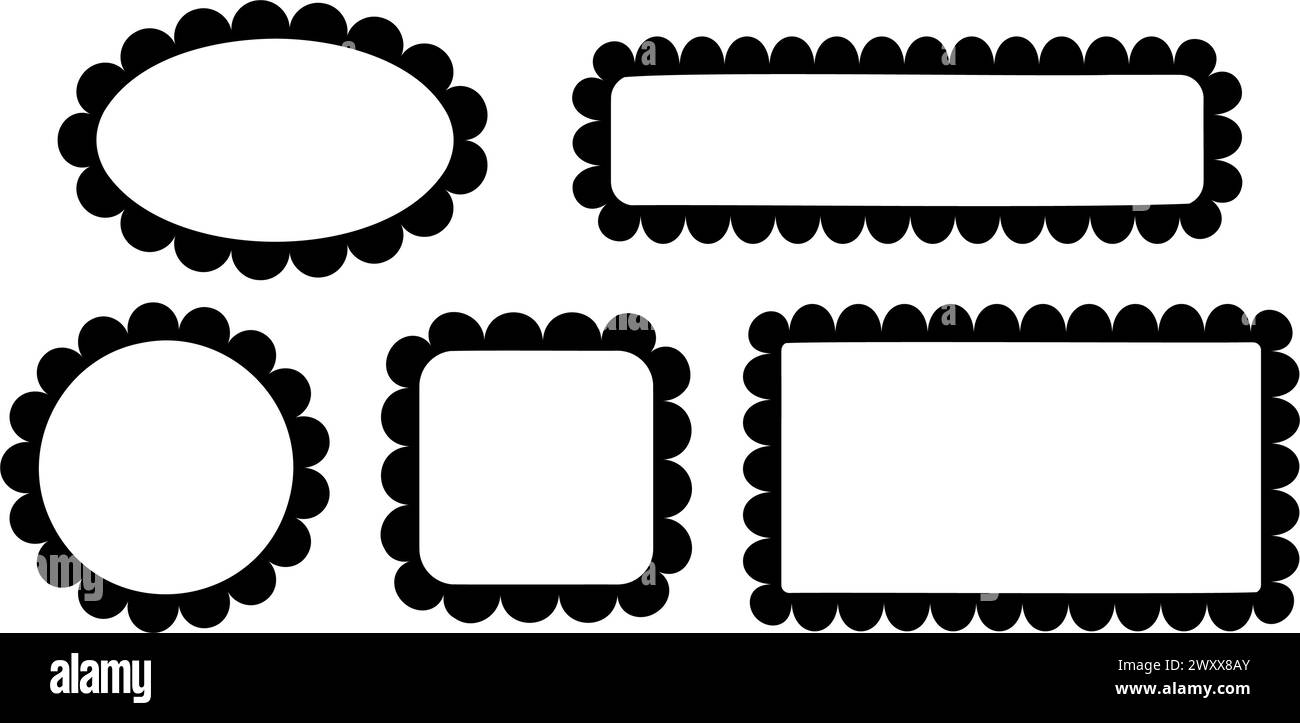 Set di cornici rotonde, quadrate, rettangolari e ovali con bordi scalpore. Modelli di etichette, etichette, caselle di testo o adesivi con bordi molli isolati su sfondo bianco. Illustrazione grafica vettoriale. Illustrazione Vettoriale