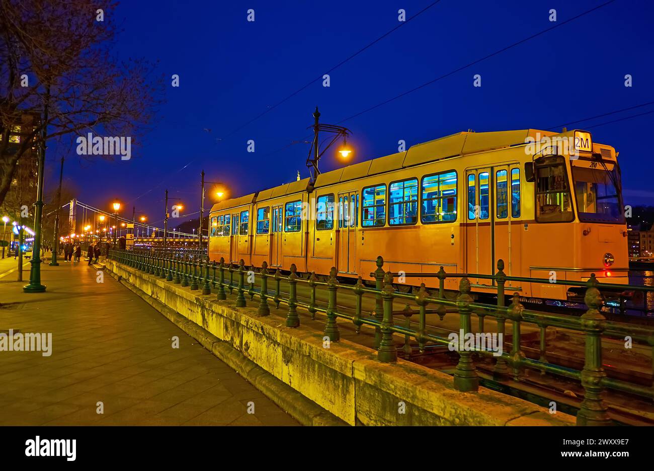 Il tram sull'argine di Jane Haining contro il Ponte Elisabetta alle luci serali, Budapest, Ungheria Foto Stock