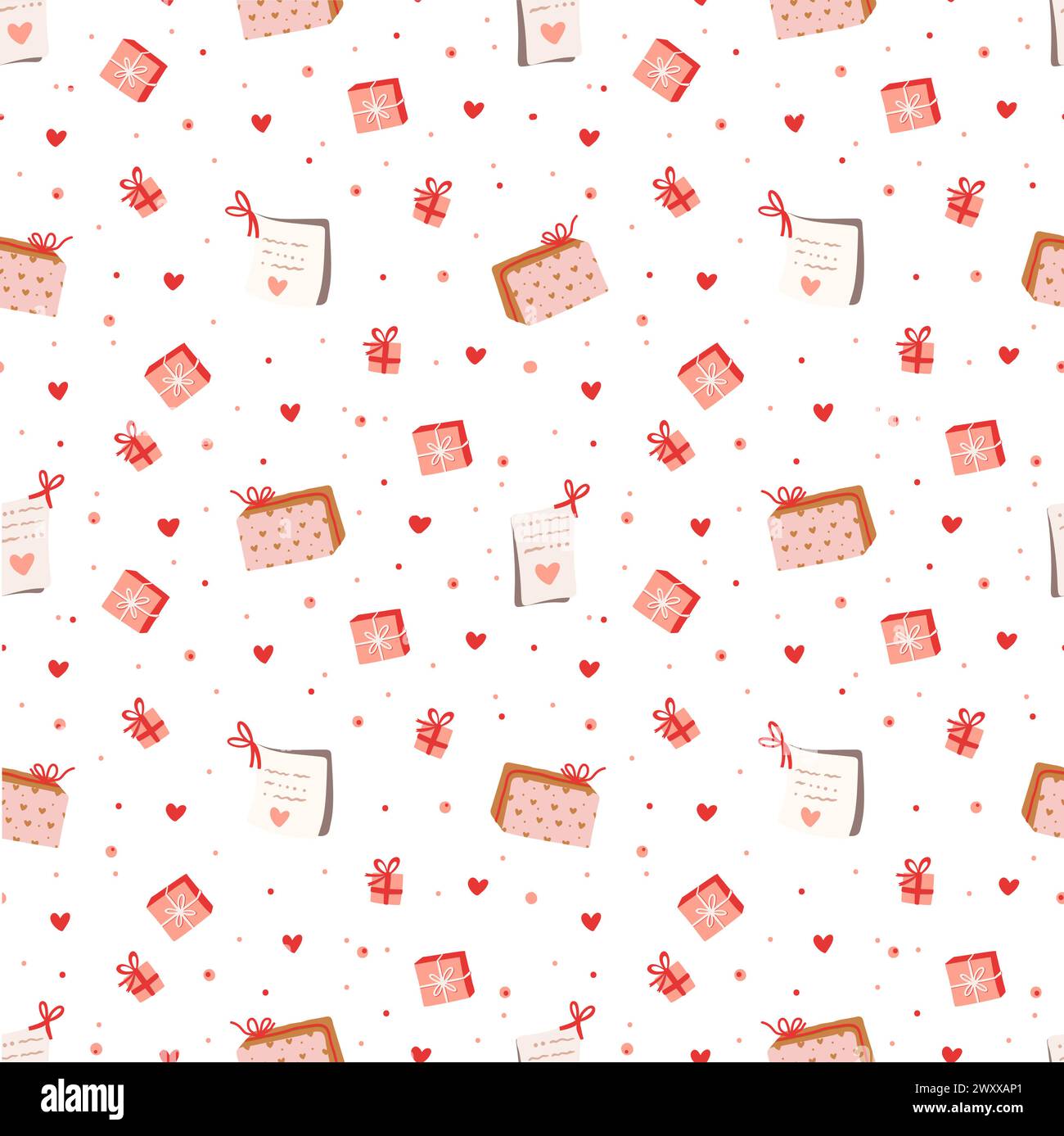 Simpatici regali a cartoni animati e lettera con cuore e fiori di rosa, romantico e delizioso motivo vettoriale senza cuciture Illustrazione Vettoriale
