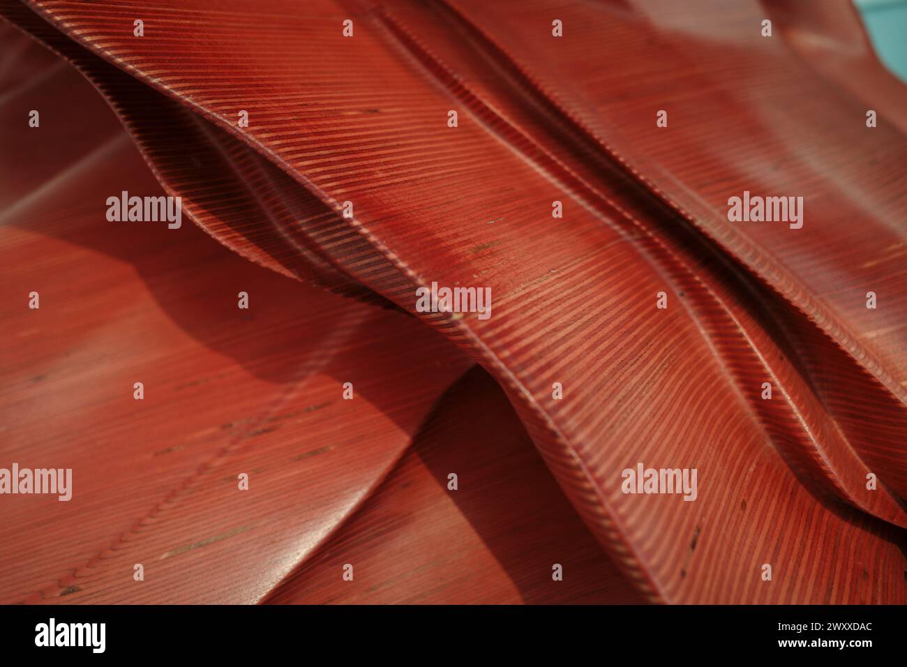 Primo piano che mette in risalto le ricche texture e le linee fluide di una superficie rossa, somiglianti a onde ondulate o strati di legno recuperato. Foto Stock