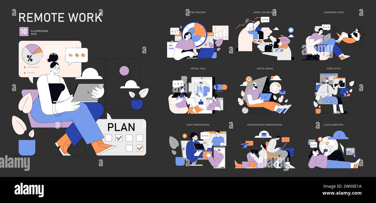 Set di lavoro remoto. Illustrazioni che catturano le moderne dinamiche di telelavoro, l'efficienza negli uffici domestici e negli spazi di co-working. Rappresentazione di nomadi digitali e team virtuali diversificati. Illustrazione vettoriale. Illustrazione Vettoriale