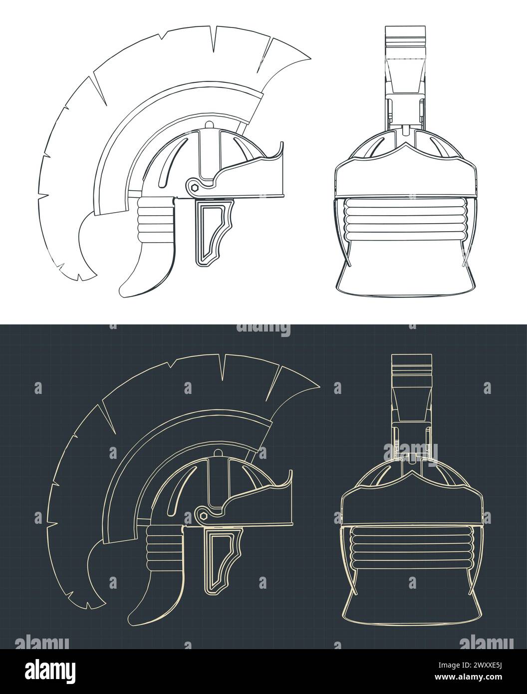 Illustrazioni vettoriali stilizzate di disegni di un casco legionario romano Illustrazione Vettoriale