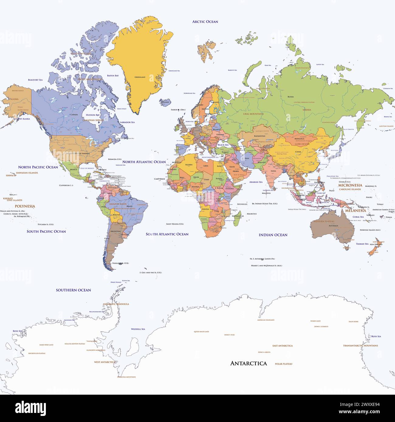 Proiezione di Mercator sulla mappa del mondo semplice e politico Illustrazione Vettoriale