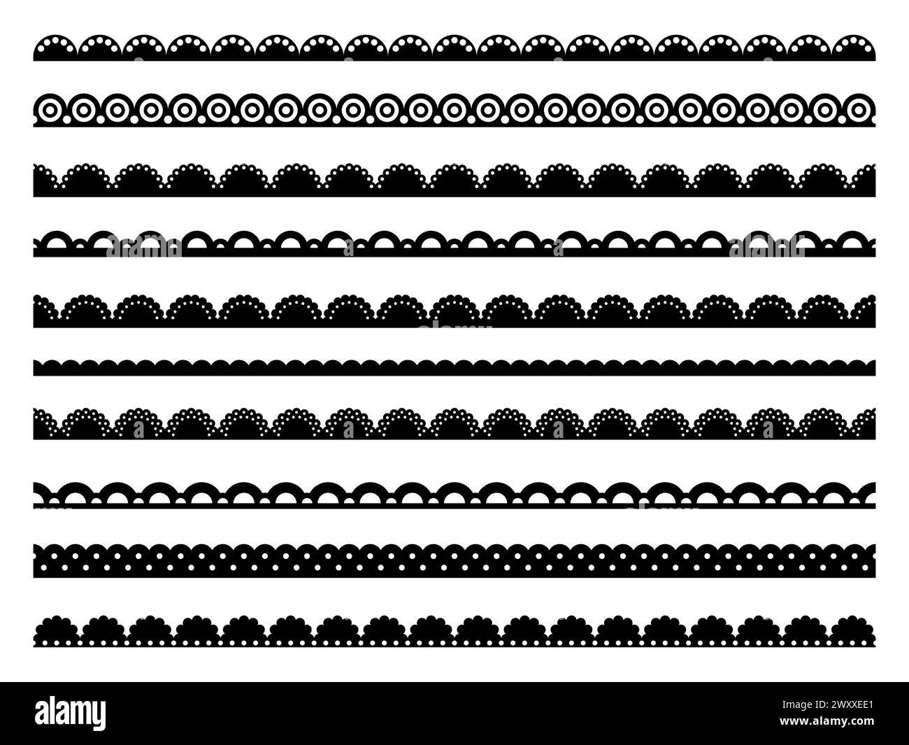 Bordi in pizzo, cornici e divisori, nastri in spugna, set di motivi in tessuto. Linee nere profilo vettoriale con motivo ondulato senza cuciture, pizzo a uncinetto floreale, cinturino in tessuto con occhielli Illustrazione Vettoriale