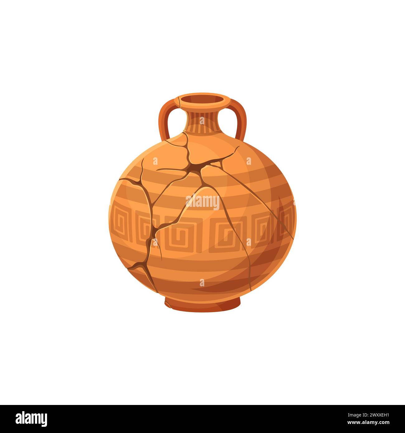 Antico vaso rotto o brocca di ceramica archeologica con crepe, vaso di ceramica antica vettoriale. Antica ciotola di ceramica greca o romana, anfora a brocca o ceramica di terracotta rotta con ornamenti antichi Illustrazione Vettoriale