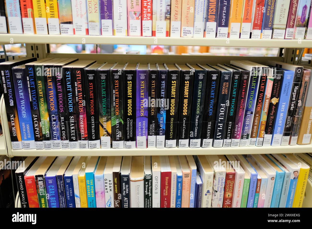 Libreria con romanzi misteriosi dello scrittore americano Stuart Woods; detective della polizia Stone Barrington serie di libri su scaffale della biblioteca pubblica. Foto Stock