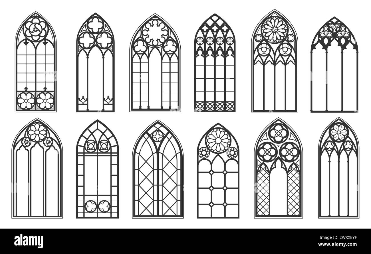 Le finestre della chiesa gotica cattolica e l'arco medievale delineano silhouette nere insieme vettoriale isolato. Cornici in vetro colorato vintage. Arco tradizionale europeo Illustrazione Vettoriale